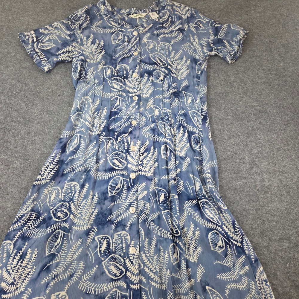 Vintage 1990s Orvis Seashell Print Midi Dress Blue White Viscose Womens Small